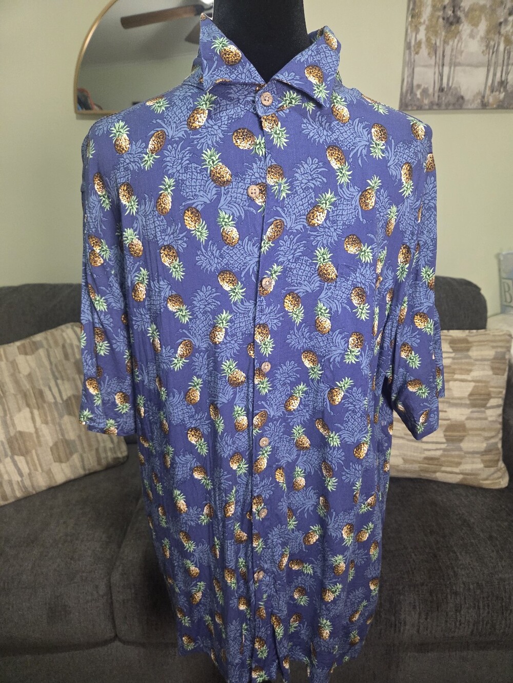 Blue Pineapple Print Button-Up Shirt